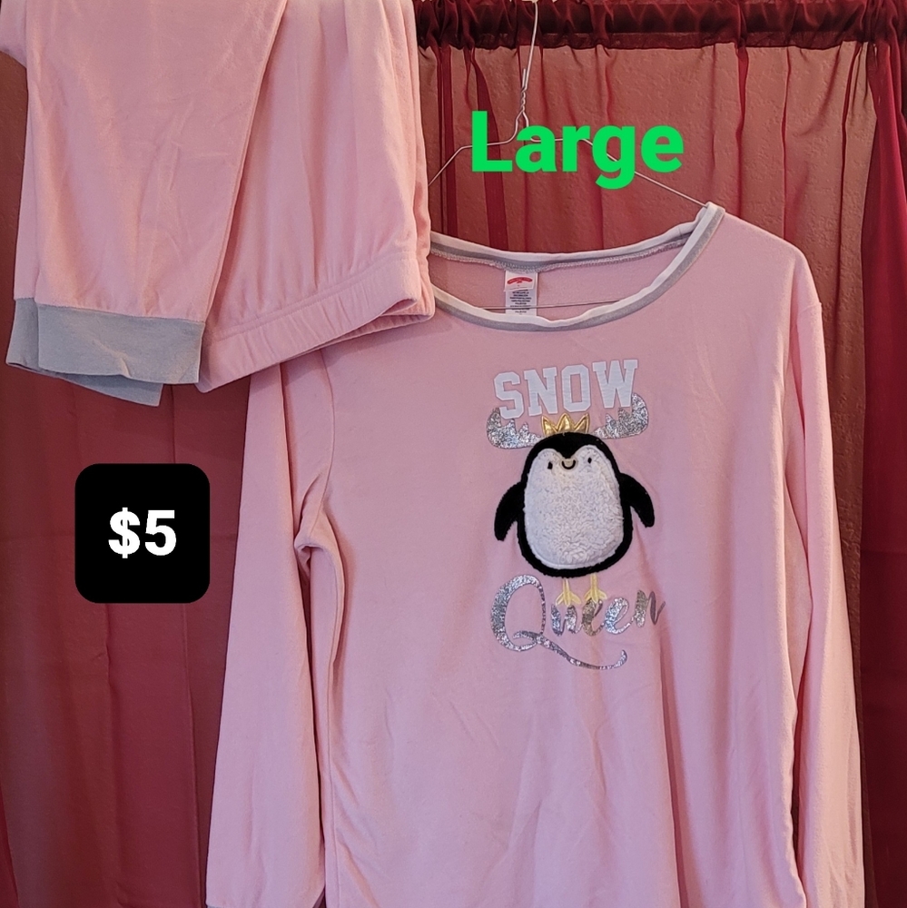 Pink Flannel Pajama Set Holiday Penguins